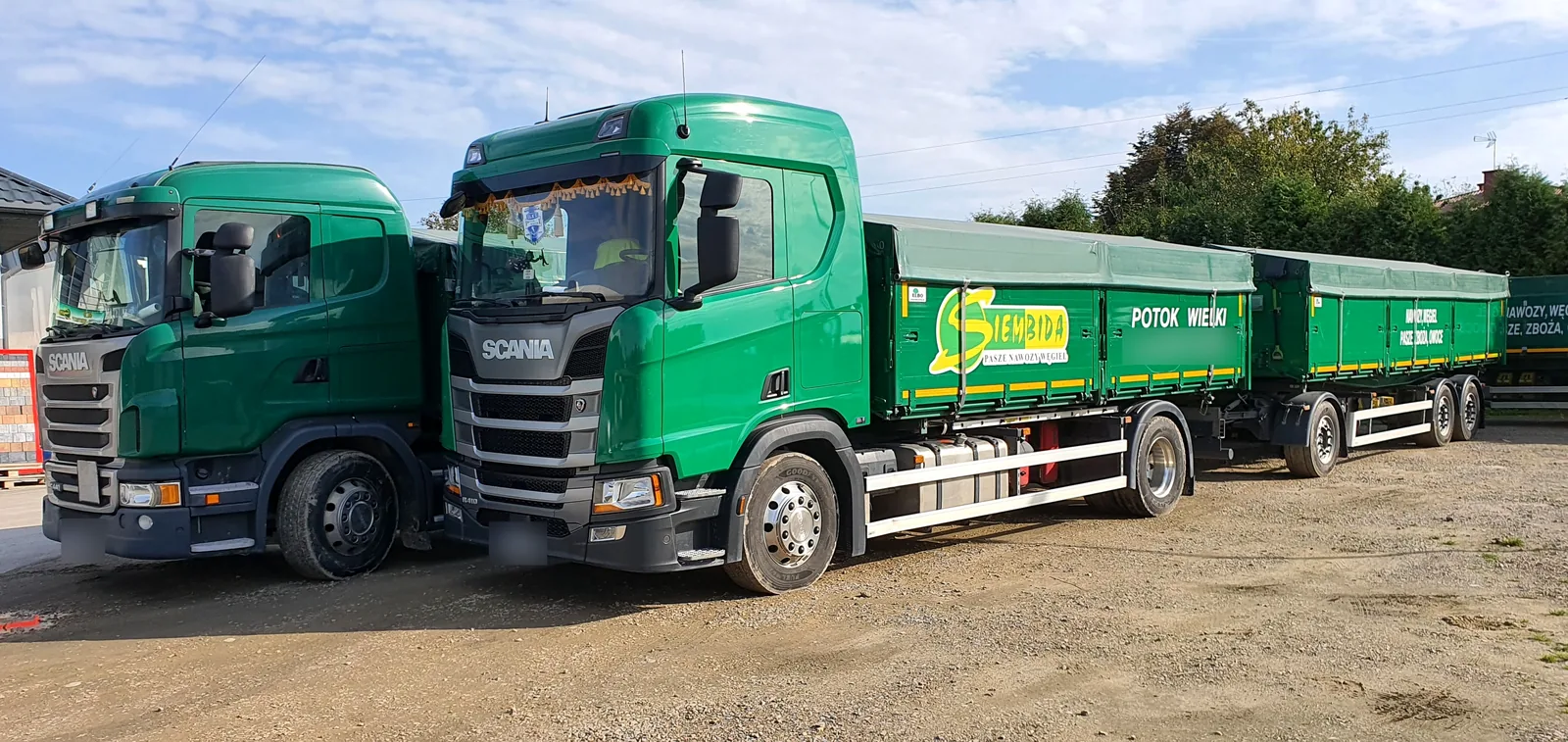 Dwa zielone zestawy ciężarowe Scania z firmowym oznakowaniem